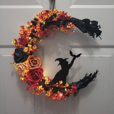 Witch Cat and Bat Moon Wreath Gothic Home Decor Halloween Wreath