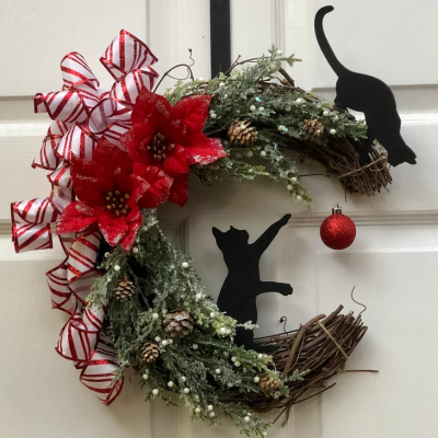 Black Cat Moon Wreath with Light Home Decor Christmas Wreath