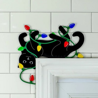 Funny Cat Playing with Christmas Lights Door Corner Sign