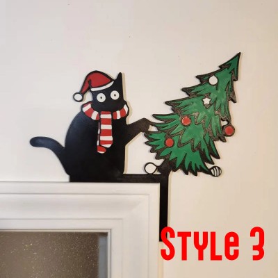 Cat Pushing Over Christmas Tree Door Corner Sign