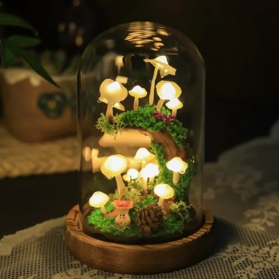 Cute Mushroom Lamp on Crescent Tree Stump Christmas Gift