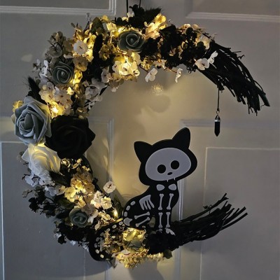 Halloween Skelecat Wreath Gothic Home Decor