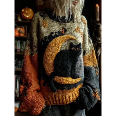 Halloween Black Cat Patchwork Art Cozy Knit Sweater