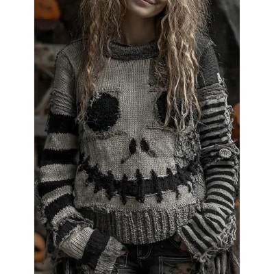 Halloween Pumpkin Face Patchwork Art Cozy Knit Sweater