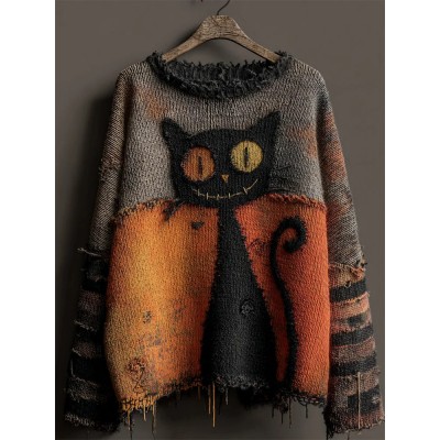 Halloween Black Contrast Stitched Cozy Knit Sweater
