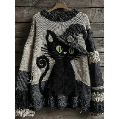 Halloween Black Cat Striped Knitted Warm Crew Neck Sweater