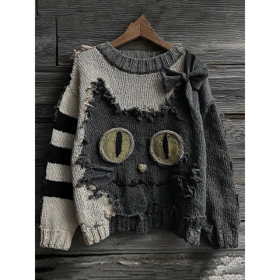 Halloween Cute Black Cat Striped Knitted Crew Neck Sweater