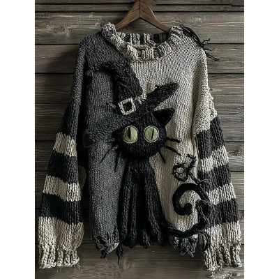 Halloween Black Cat Striped Knitted Warm Crew Neck Sweater