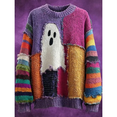 Halloween Spooky Ghost Inspired Patchwork Cozy Knitted Sweater