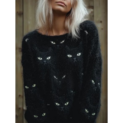 Black Cat Faces Fuzzy Cozy Knit Sweater