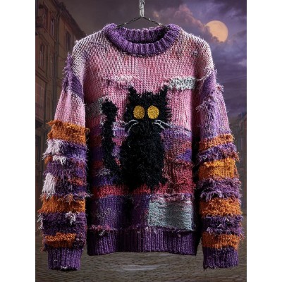 Halloween Black Cat Embroidered Patchwork Cozy Knitted Sweater