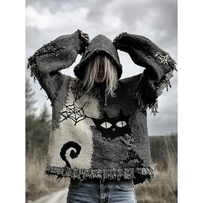 Halloween Scared Black Cat Patchwork Stitched Cozy Knit Hooded