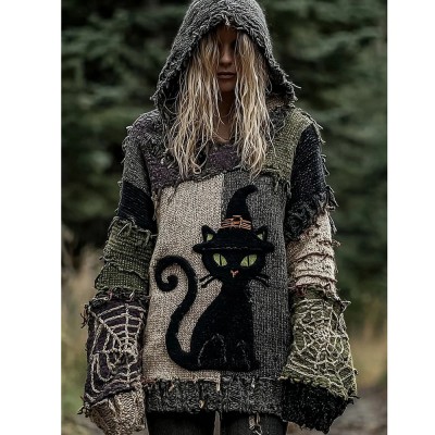 Halloween Scared Black Cat Patchwork Stitched Cozy Knit Hooded