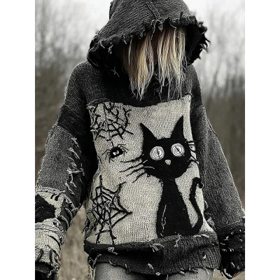 Halloween Scared Black Cat Patchwork Stitched Cozy Knit Hooded