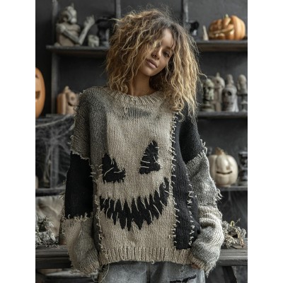 Halloween Spooky Face Contrast Stitched Cozy Knit Sweater