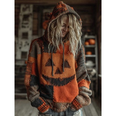 Halloween Pumpkin Face Patchwork Stitched Cozy Knit Hooded