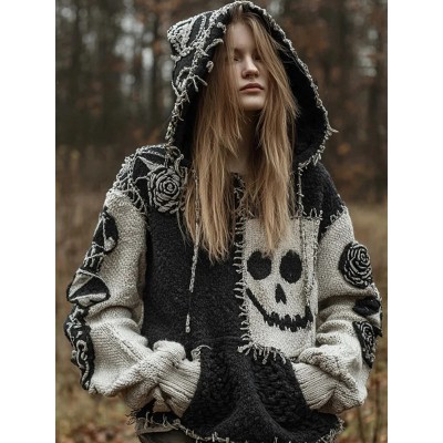Women's Funny Smiley Face Black And White Hooded Sweater