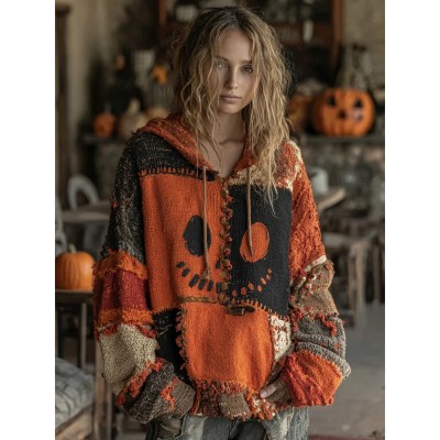 Halloween Spooky Face Patchwork Stitched Cozy Knit Hooded