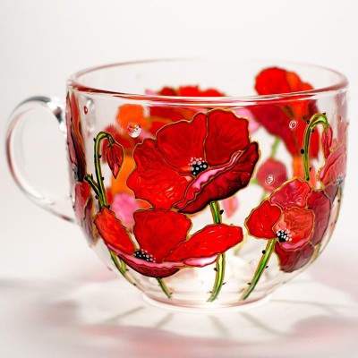 August Birth Flower Glass Mug Featuring Poppies Flowers Mother Day Gift Birthday Gift 