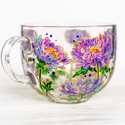 September Birth Flower Glass Mug Featuring Aster Flowers Mother Day Gift Birthday Gift 