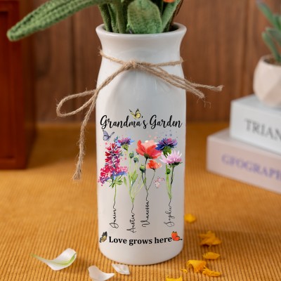 Custom Grandma's Garden Birth Flower Vase With Grandchildren Name For Mother's Day Gift