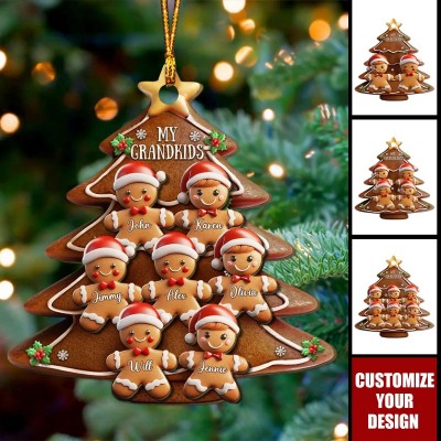 Personalized Gingerbread Family Acrylic Ornament with Kids Names Christmas Decor